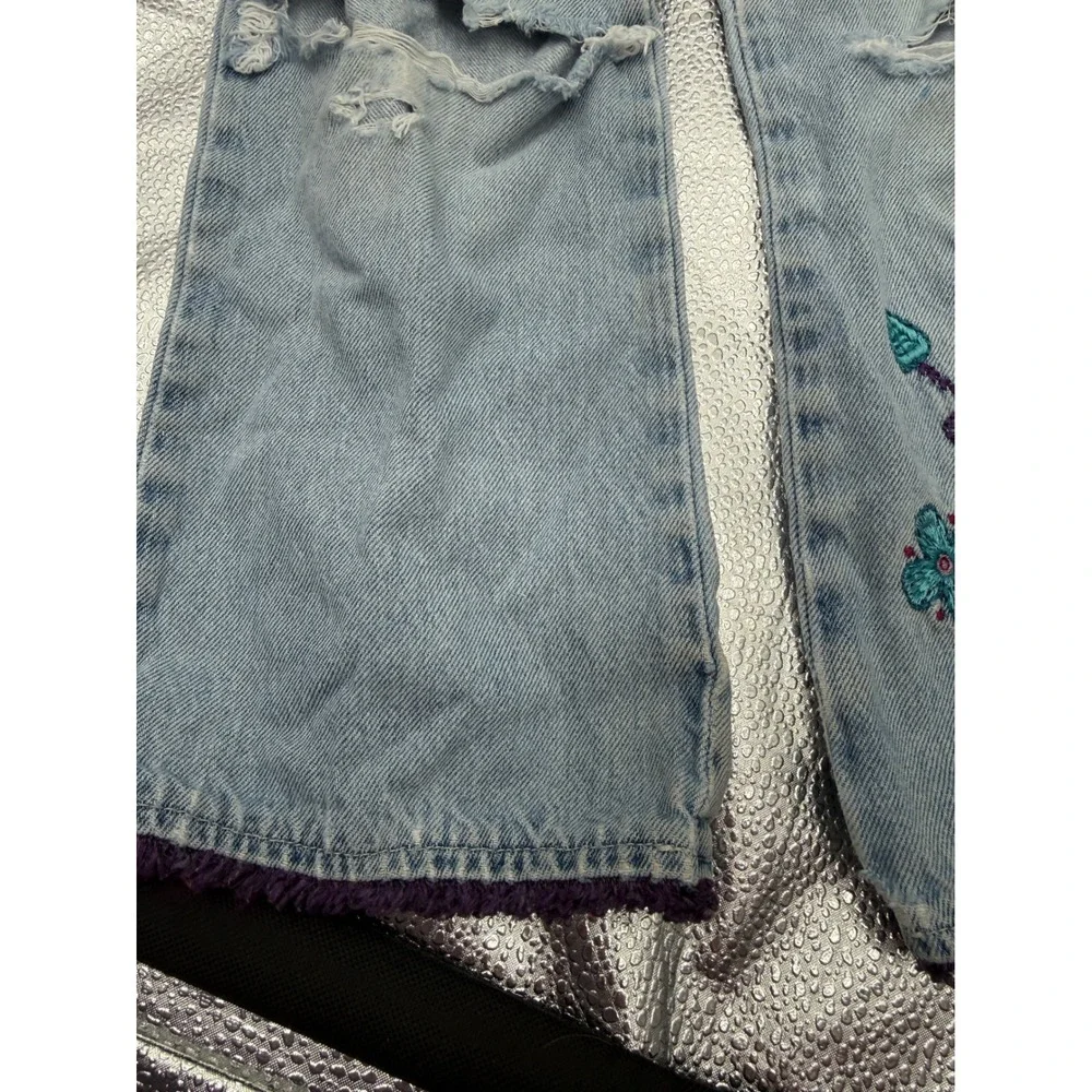 OshKosh B'gosh‎ Wide Jeans Girls 6X Blue Embroidered Butterfly Ripped Y2K FLAWED